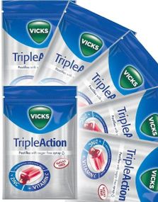 1827532800_620 stk Vicks Triple Action - Sukkerfri Halstabletter med Solbær og Mentol - Hel Eske 1,44 kg