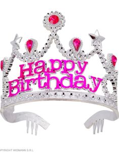 Rosa og Sølvfarget "Happy Birthday" Tiara med Stener
