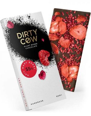 Dirty Cow Hail Mary Berry - Håndlaget Plantebasert Vegansk Sjokolade med Jordbær og Bringebær 80 gram 