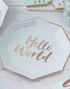 8 stk. Mintgrønne Paptallerkener med Folieret Guldfarvet Tekst 25 cm - Hello World