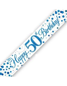 Happy 50th Birthday - 2,7 Meter Hvit og Blå Holografisk Banner