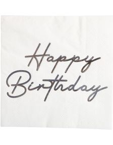 16 stk Hvite Happy Birthday Servietter med Sølv Skrift 33x33 cm