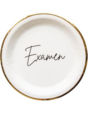 8 stk Examen Hvit og Gullfarget Papptallerkener 23 cm