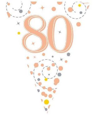 80-års Feiring Hvit og Rosegullfarget Banner med 11 Flagg - 3,9 Meter