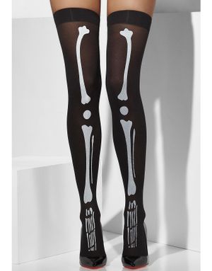 Sorte Stay Up Strømper med Skeletprint