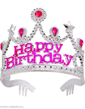 Rosa og Sølvfarget "Happy Birthday" Tiara med Stener