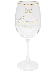 Elegant Vinglass "Home is my Happy Place" Gravert med Stener