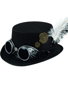 Sort Steampunk Høj Hat med Dekor og Sølvfarvet Goggles