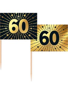 50 Stk 60 År Mad/Kageflag 6,5 Cm - Sort Og Guld