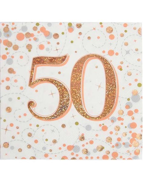 16 stk 50 Års Rosegullfarget Glitrende Bursdagsservietter 33x33 cm