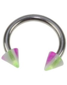 Rund Øjenbrynspiercing med Lilla, Hvide og Grønne Spike Kugler - 1.2 x 8 mm