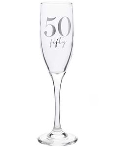 50 ÅR - Champagneglass med Sølvfarget Tekst og Motiver i Gaveeske 22 cm