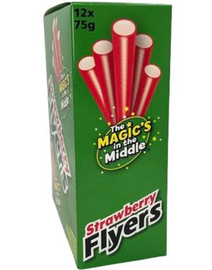 12 Stk Maxilin Strawberry Flyers - Lakrisstænger med Jordbærfyld - Hel Kasse 900 Gram