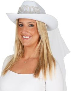 Hvit Bride Cowboyhatt med Perler og Slør
