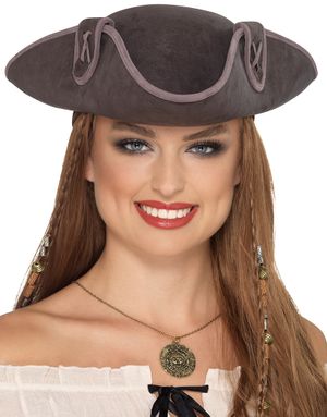 Grå og Brun Tricorn Pirathat med Kryds
