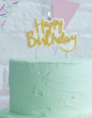 Happy Birthday Kagelys med Guldfarvet Tekst - Vælg og Mix