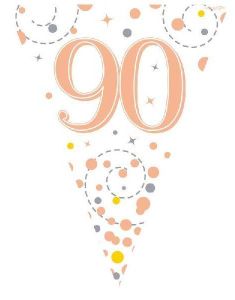 90-års Feiring Hvit og Rosegullfarget Banner med 11 Flagg - 3,9 Meter