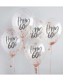 5 stk 30 cm Gjennomsiktige Happy 60th Ballonger med Rosegull Konfetti