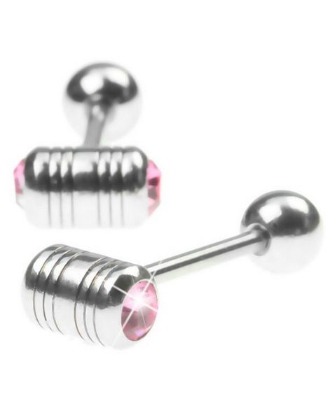 Tungepiercing med to Rosa Sten i Topkuglen