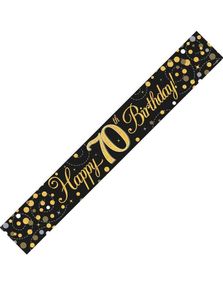 Happy 70th Birthday - 2,7 Meter Svart og Gullfarget Holografisk Banner