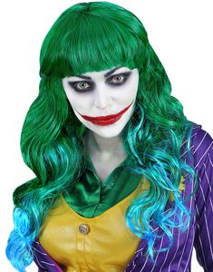 Grøn Joker Inspireret Paryk med Krøller og Blå Striber