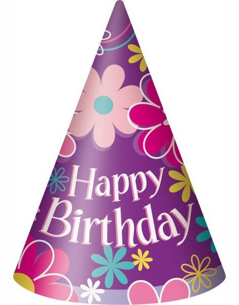 8 stk Happy Birthday Partyhatter - Birthday Blossoms