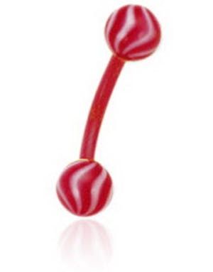 Banan Øjenbrynspiercing i Rød med Stribede Hvide og Røde Kugler - 1.2 x 8 mm