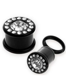 Sort Piercing Plug med En Klar Sten Indrammet med Små
