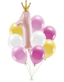 First Birthday Ballongbukett med Folie 1-tall og 6 Lateksballonger - Jente