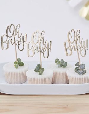 12 stk Gullfarget Kaketopper - Oh Baby