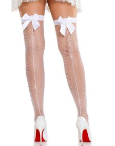 Netting Lårstrømper med Satengsløyfe og Strassdetaljer – Hvit
