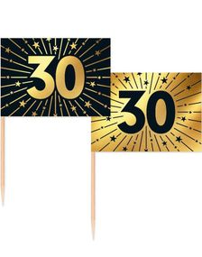 50 Stk 30 år Mat/Kakeflagg 6,5 cm - Svart og Gull