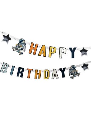 Happy Birthday Tekstbanner 2,5 meter - Astronaut Party