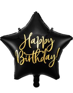 Happy Birthday! - Stjerneformet Svart Folieballong med Metallisk Gullskrift 40 cm