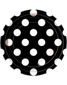 8 stk Sorte Små Paptallerkner med Hvide Polka Dots 17 cm