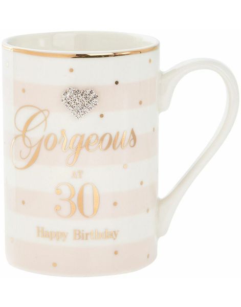 Gorgeous at 30 - Rosa og Hvitt Porselenskrus med Gullfarget Tekst og Sølvhjerte