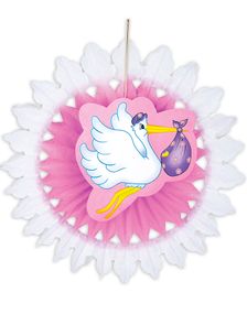 Hvid og Rosa Papirvifte med Motiv af Stork