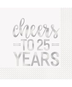 16 stk Servietter med Sølvfarvet Cheers to 25 Years Tekst 33x33 cm