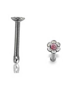 Lige Næsepiercing med Blomsterformet Kugle og Rosa Sten