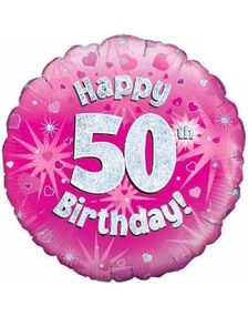 Happy 50th Birthday - Rosa Holografisk Folieballong 45 cm