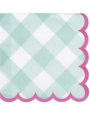 16 stk Rutete Mint Servietter med Rosa Bølgete Kant 31x31 cm