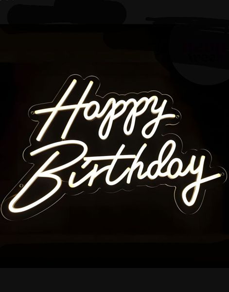 Hvid Neon LED Dæmpbart Skilt - Happy Birthday