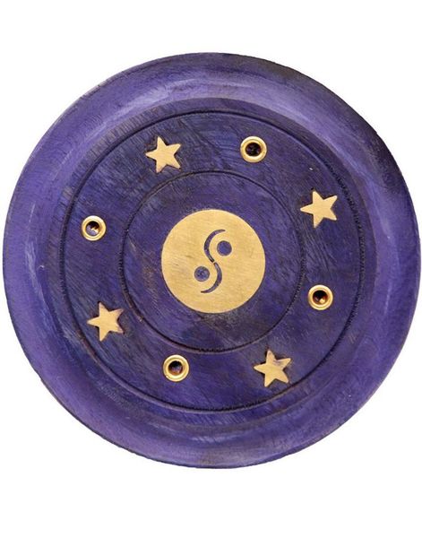 Rund Liten Lilla Røkelsesholder i Mango-tre med Yin Yang Motiv - 7 cm
