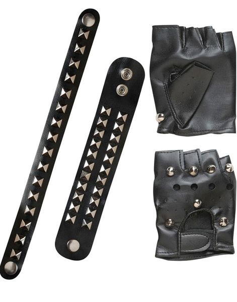 Skind-Imiterede Handsker, Choker og Armbånd med Nitter