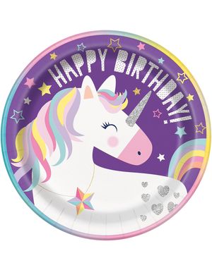 8 stk Paptallerkner 23 cm - Happy Birthday Unicorn