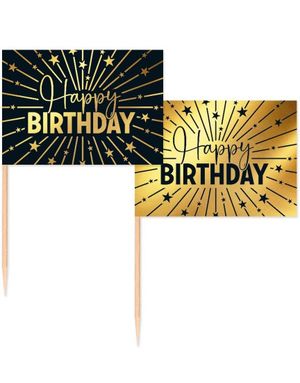 50 Stk Happy Birthday Mad/Kageflag 6,5 cm - Sort og Guld