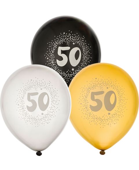 50 år - 6 stk Sorte, Sølv- og Guldfarvet Balloner 30 cm