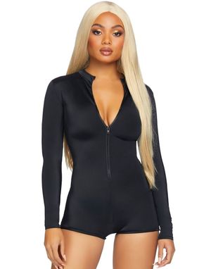 Sort Langærmet Romper Jumpsuit med Lynlås