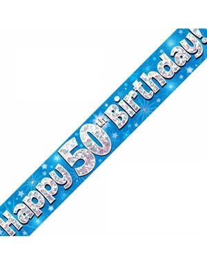 Happy 50th Birthday - 2,7 Meter Blå og Sølvfarget Holografisk Banner