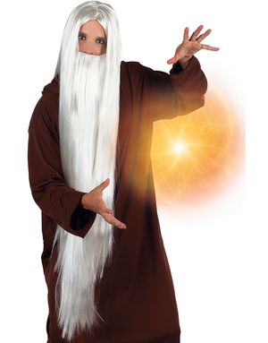 Hvid Lang Troldmandsparyk med Skæg